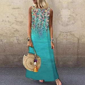 Vintage Floral Printed Women Sleeveless Sundress Summer Loose Casual Beach Long Dress Ladies Bohemia Maxi Dresses Party Vestidos