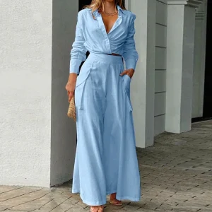 Solid Long Sleeve Crop Shirt Women Elegant Pants Sets High Waist Two Pieces Set Casual Work Suit Women's Female Outfits Clothing
