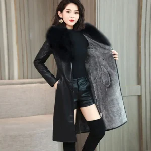 2023 New Fashion Fur Collar Winter PU Leather Coat Women Solid Adjustable Waist Mid-Length Slim Jacket Lady Casual Warm Outwear
