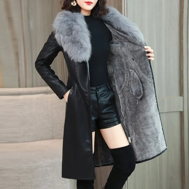 2023 New Fashion Fur Collar Winter PU Leather Coat Women Solid Adjustable Waist Mid-Length Slim Jacket Lady Casual Warm Outwear - Image 2