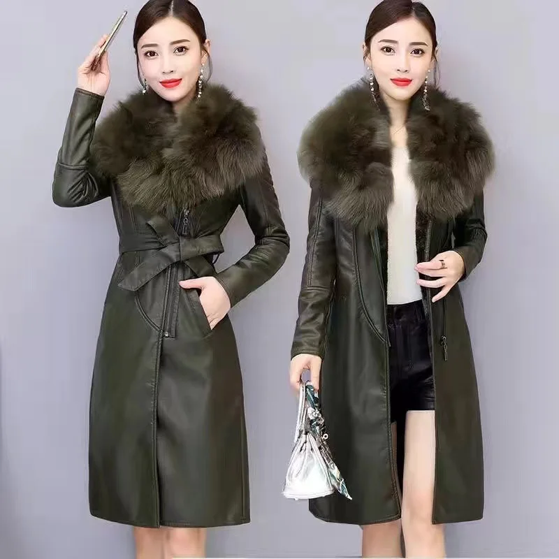 2023 New Fashion Fur Collar Winter PU Leather Coat Women Solid Adjustable Waist Mid-Length Slim Jacket Lady Casual Warm Outwear - Image 5