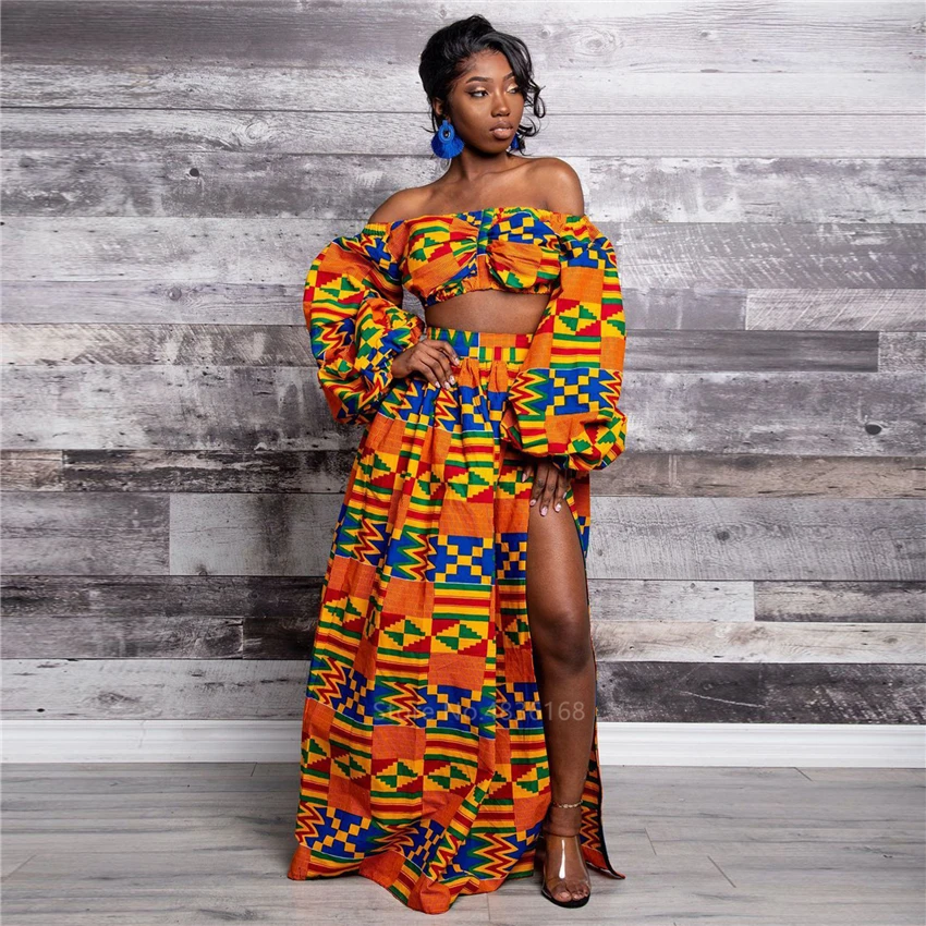 African Dresses for Women Autumn 2-piece Set Lady Full Sleeve Shoulder Off Festher Dashiki Print Split Skirts Africna Clothes - Image 6