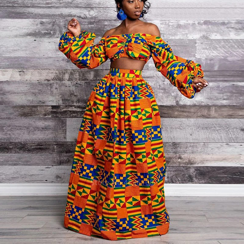 African Dresses for Women Autumn 2-piece Set Lady Full Sleeve Shoulder Off Festher Dashiki Print Split Skirts Africna Clothes - Image 2