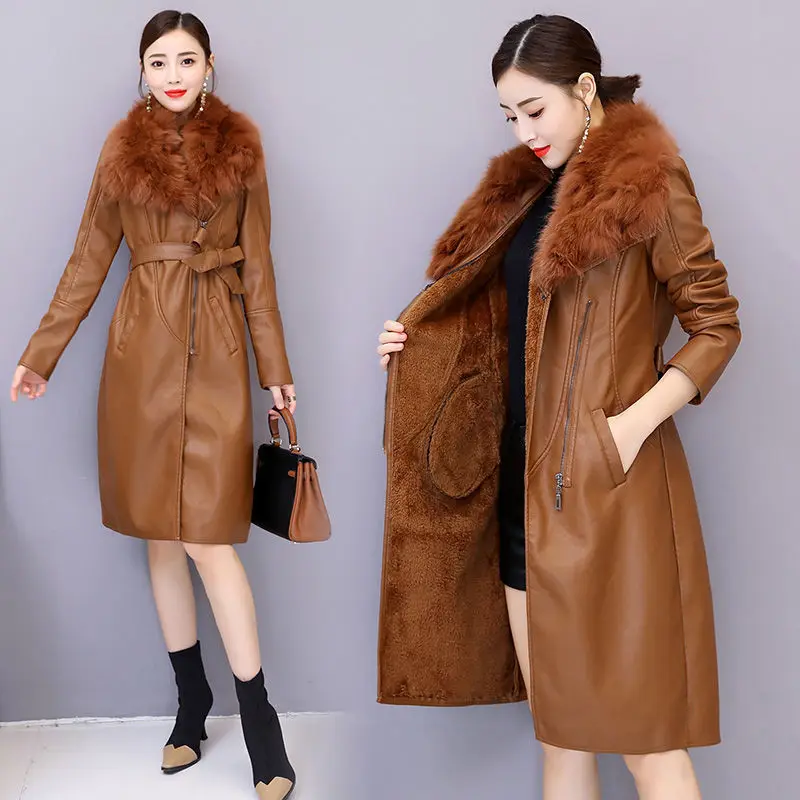 2023 New Fashion Fur Collar Winter PU Leather Coat Women Solid Adjustable Waist Mid-Length Slim Jacket Lady Casual Warm Outwear - Image 4